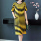 Cotton Fabric Loose Mid-length Striped Pocket T-shirt Skirt Covering The Flesh and Slimming Short-sleeved Dress Women's Loose Striped Straight Dress