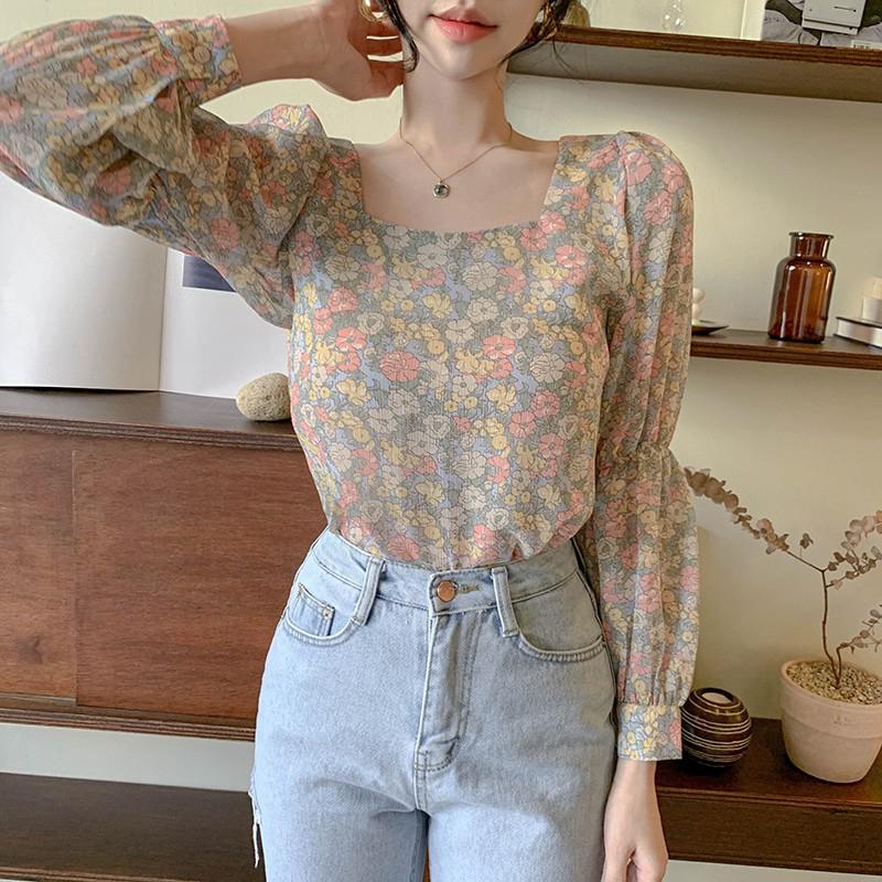 Korean Fashion Women Long Sleeve Floral Print Chiffon Square Neck Shirt Blouse Tops