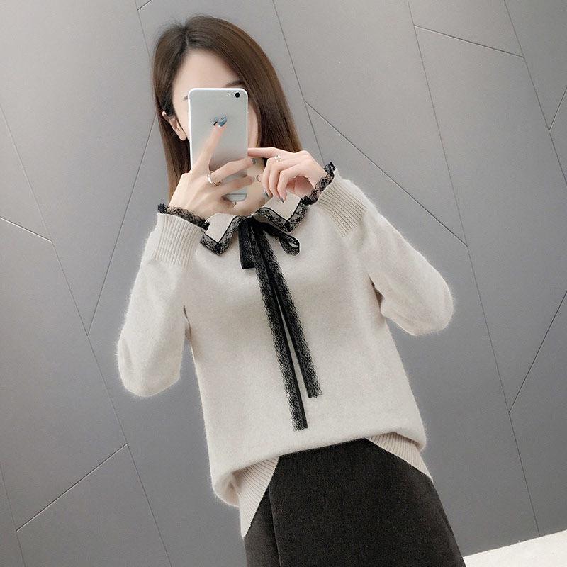 Women Sweaters Pullovers  Autumn Winter Lace Turn-down Collar Knit Sweater Fmeale Jumper Women Knitwear