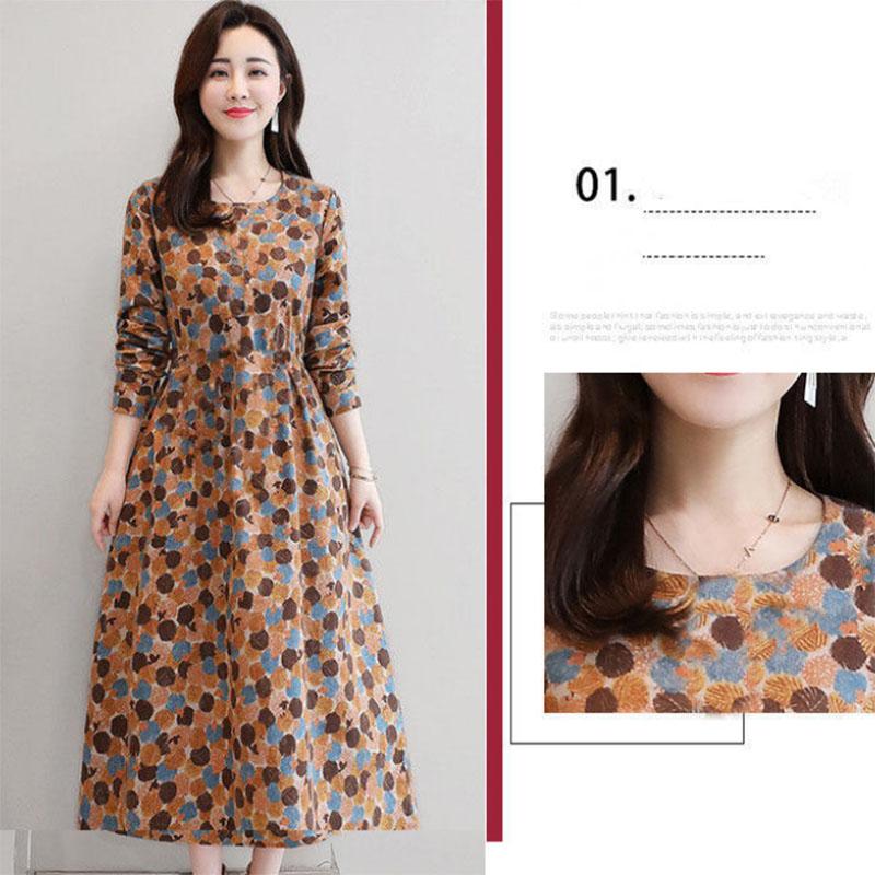 Cotton Long-sleeved Dress Women's Plus Size Women's Mother's Clothing Mid-length Slim Print Casual Long Skirt