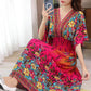 Cotton Silk Dress Mid Length Beach Dress Large Floral Bohemian Loose Casual Long Dress V-Neck