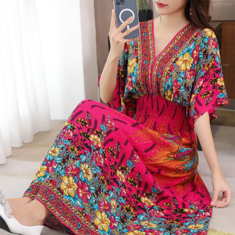 Cotton Silk Dress Mid Length Beach Dress Large Floral Bohemian Loose Casual Long Dress V-Neck
