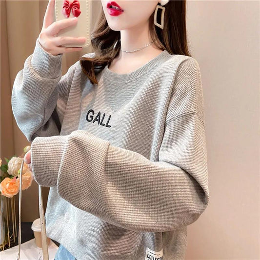 Women's Spring and Autumn Korean Style Waffle Sweater Loose Design Long Sleeve Short Large Size Top