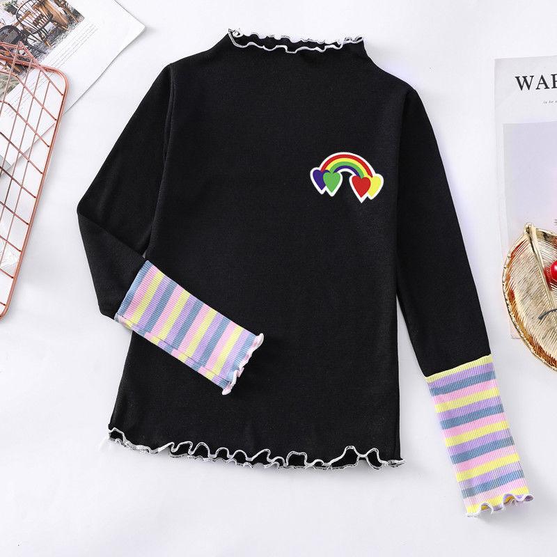 Girls' Collar Bottoming Shirt Wooden Ear Cotton T-shirt Rainbow Cuffs 3-11 Years Old Autumn and Winter Top