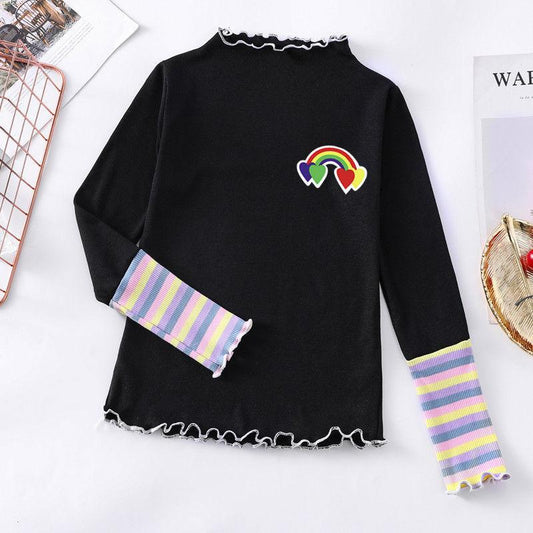 Girls' Collar Bottoming Shirt Wooden Ear Cotton T-shirt Rainbow Cuffs 3-11 Years Old Autumn and Winter Top