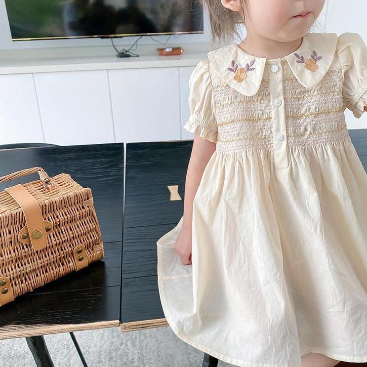 Children's Dress Girls Summer Dress Children's Embroidery Princess Skirt Baby Thin Flower A-line Skirt Button Embroidered Dress