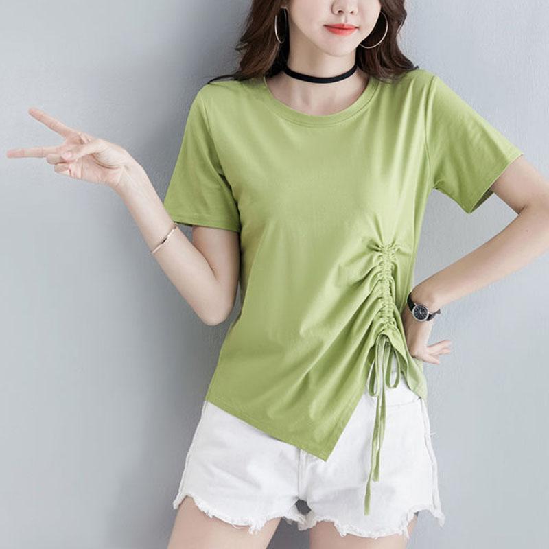 Women Summer O-neck Top Irregular Bandage Pleated  T-shirt Solid Color Short-sleeved Loose Casual Tee