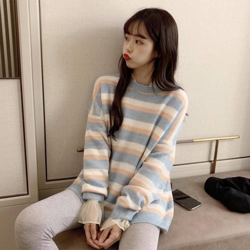Pofulove Women's long sleeve sweater women Mori Sweet and Cute Stripe Korean Simple Loose