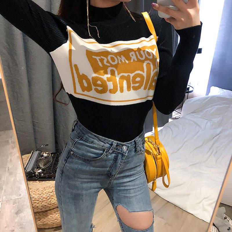 Funky Letter Knitwears Turtleneck Slim Fit Bottoming Shirt Solid Color Pullover Sweater Top