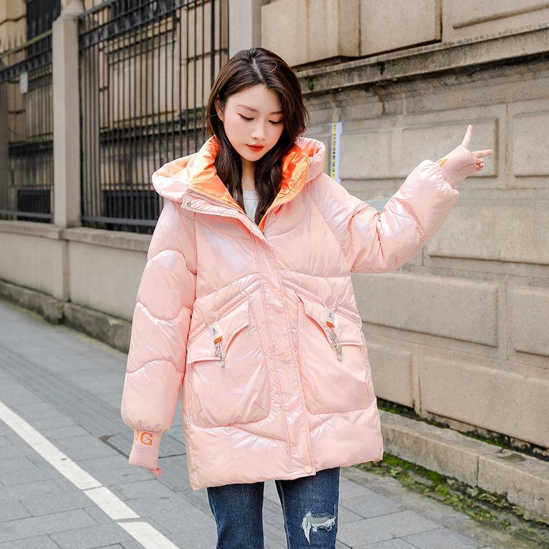 Women's Winter Korean Loose Quilted Coat Warm Stand-collar Down Jacket Women's Glossy Mid-length Down Jacket
