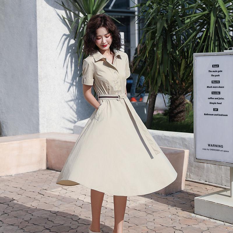 Summer Women's Skirt Plus Size Apricot Workplace Skirt Professional Dress Ol Suit Collar Short Sleeve Dress