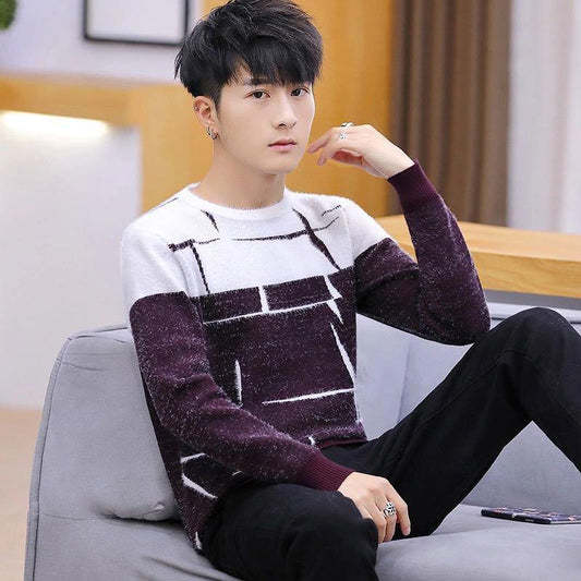 Autumn and Winter Slim Long-sleeved Sweater Round Neck Splicing Color Pullover Top Fashion Casual Elastic Coat
