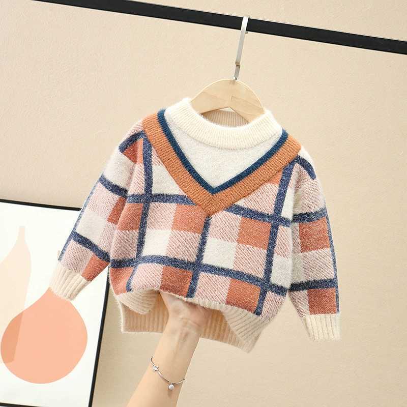 Boys and Girls Mink Velvet Sweater Autumn and Winter Children's Pullover Sweater Thick Loose Plaid Sweater