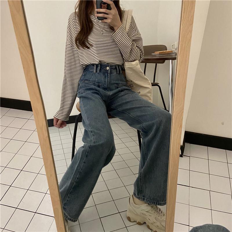 Wide Leg High Waist Hong Kong Flavor Jeans Female Korean Version Loose Spring and Autumn Retro Straight-leg Pants Trendy Thin and Wild High Trousers
