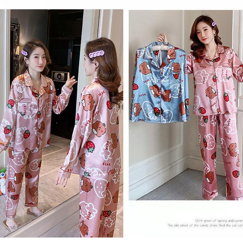 Ice Silk Long-sleeved Pajamas Feminine Feel Ladies Thin Artificial Silk Pajamas Home Service Shirt Casual Suit Style Cute and Easy To Wash