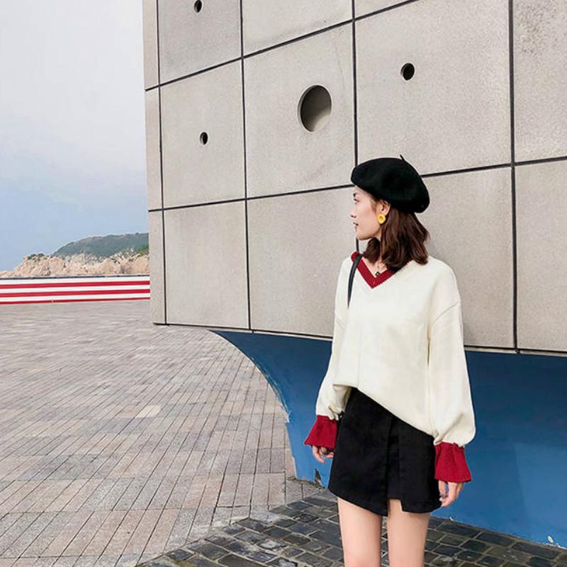 Pullover Sweater V-neck Flared Sleeve Loose Autumn Winter Sweet Korean Knitting Sweater
