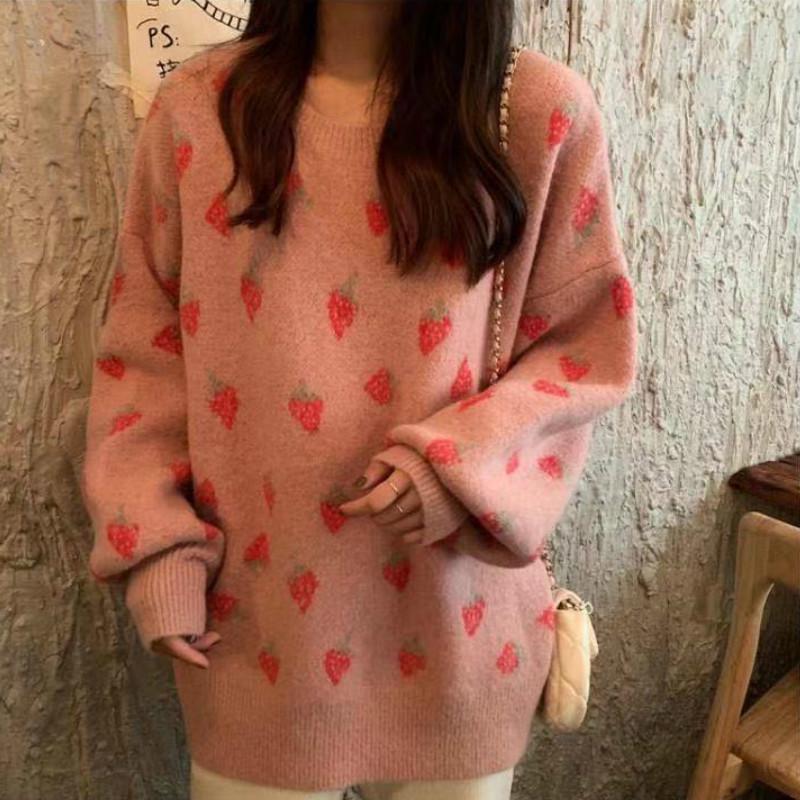 Autumn and Winter Knitted Strawberry Sweater Female Loose Round Neck Long Sleeved Sweater