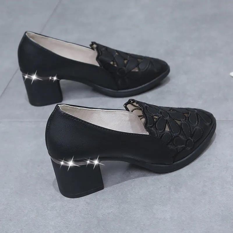 Women's Single Shoes Hollow Breathable Embroidered Four Seasons Ladies Shoes Thick Heel Soft Sole Work Shoes