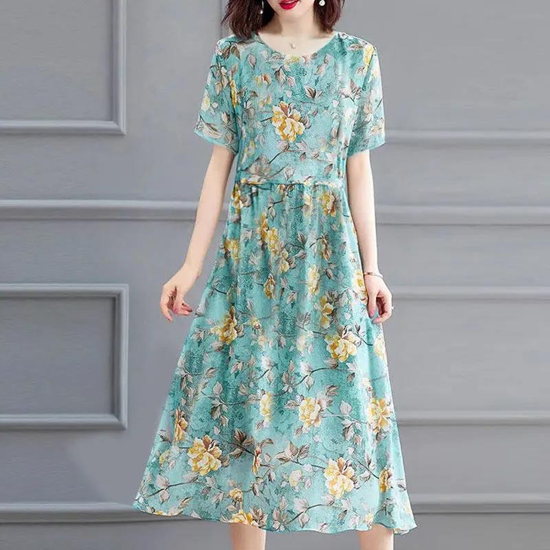 Women's Summer Dress Print Round Neck Skirt Women's Plus Size Midi Skirt