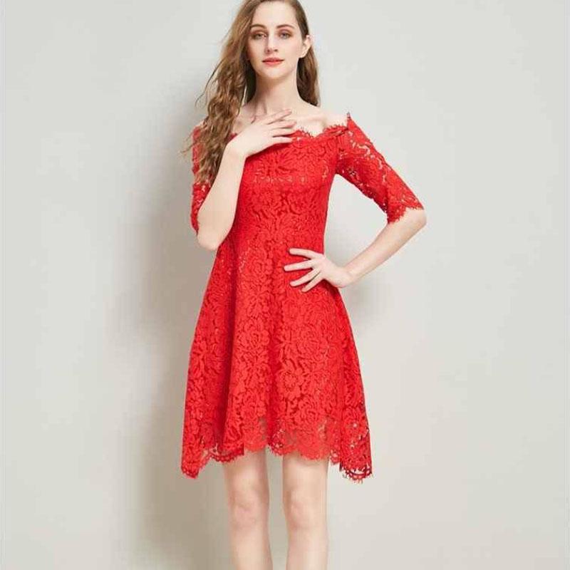 Fashion Summer Off-shoulder Sexy Slash Neck Red Lace Dress Knee-length Asymmetrical Party Dress