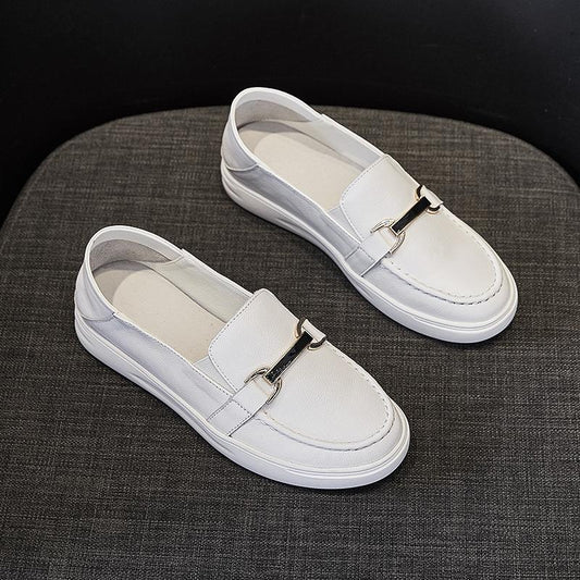 Spring and Autumn Loafers Women's Leather Soft Leather White Shoes Soft Sole Large Size Women's Shoes