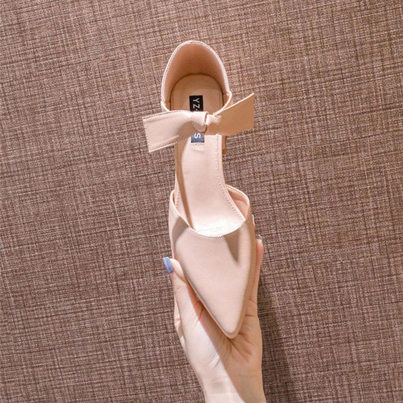 Women's Shoes Pointed Toe Hollow Bow 4cm High Heels Women's Thick Heel Sexy Single Shoes Thick Heel High Heels Ladies Sandals