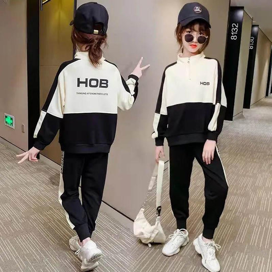 Girls Spring and Autumn Clothing, Children's Breathable Sportswear, Girls' Casual Splicing Contrast Color Printing Pullover Two-piece Set