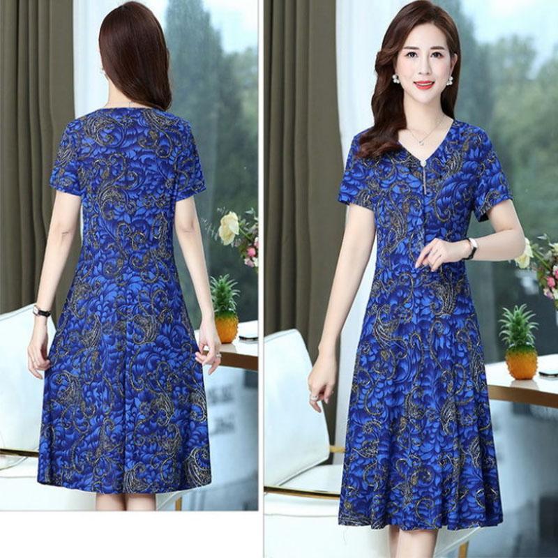 Women's Mid-length Skirt Floral Dress Middle-aged and Elderly Short-sleeved Large Size Loose and Thin Mother Long Skirt