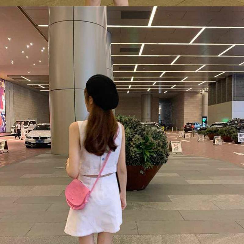 Sweet Sleeveless White Slim-fit Waist Skirt Girlish Rainbow Color Button A-line Short Dress