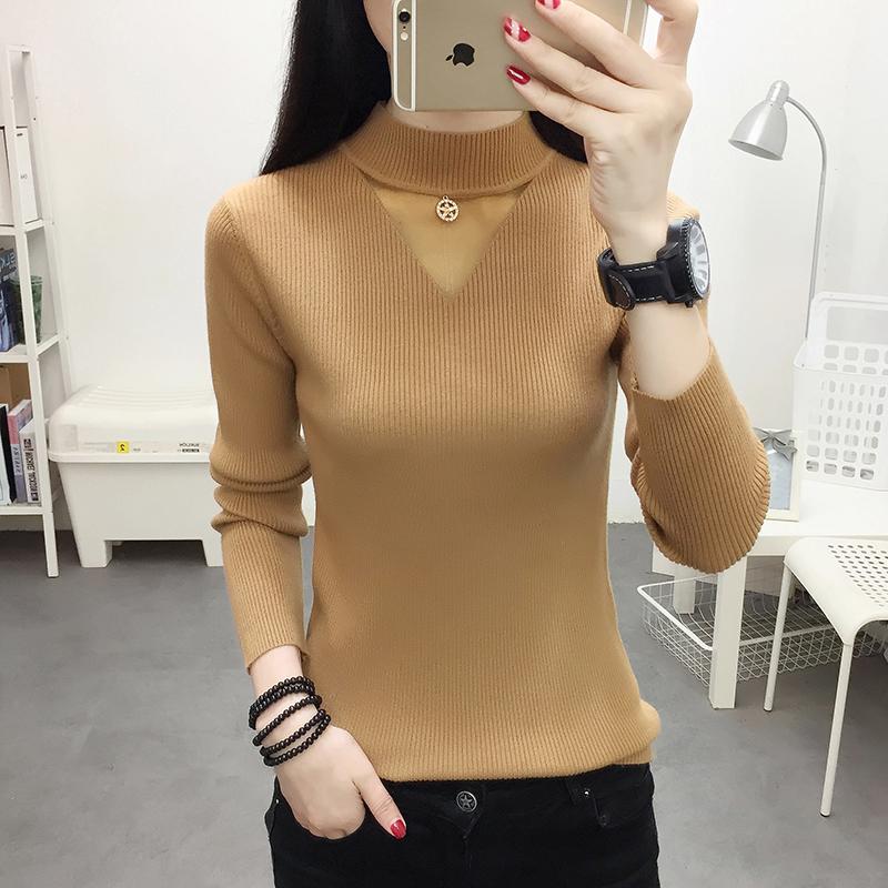 Pofulove Women Turtleneck Pullover Tops Slim Knit jumper Hollow Gauze Sweater Winter blue