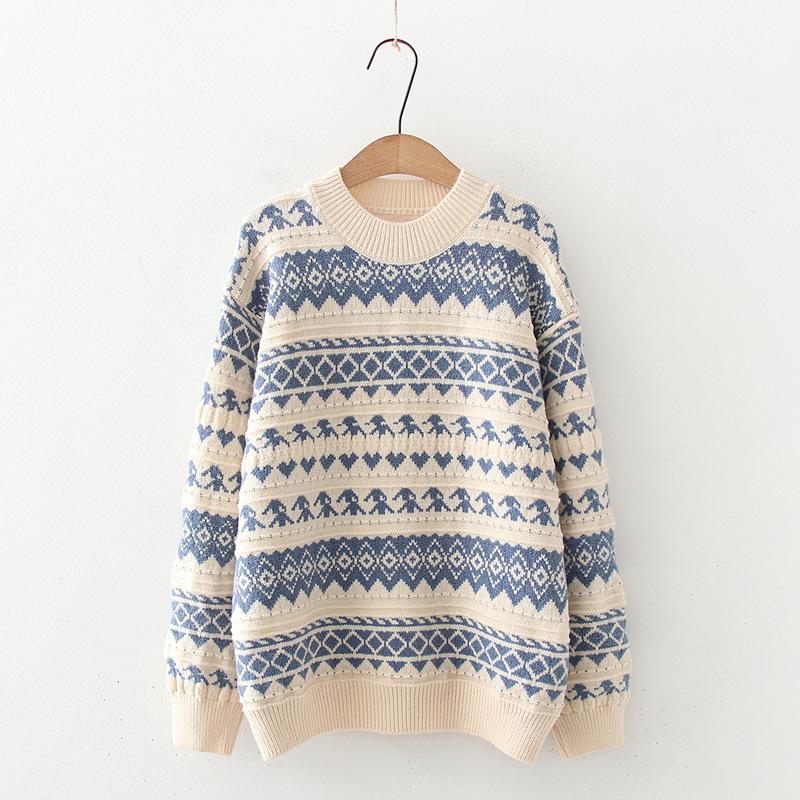 Autumn Winter Women Sweater Pullover Knit Jumpers Casual Loose Striped Pull Korean Knitwear Top Girls Student Retro Vintage Sweater Short Warm O Neck