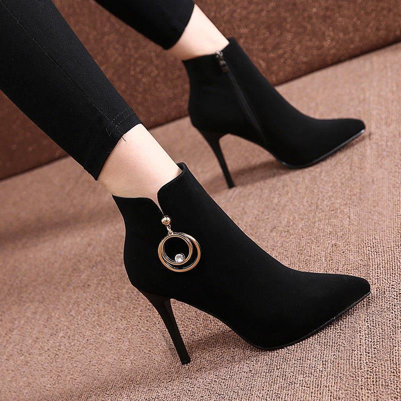 Winter Pointed Toe Ankle Chelsea Boots Women Mature Black Booties Ladies High Heels Shoes Woman