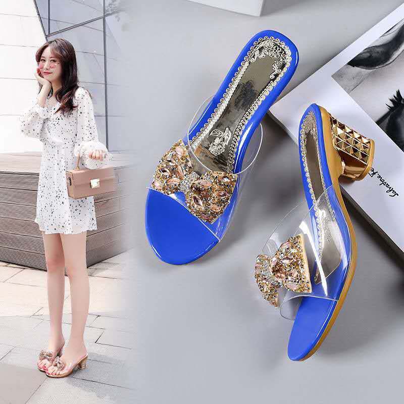 Sandals and Slippers for Women's Outer Wear Fashion Crystal Thick Heel Comfortable Sequins Rhinestone Bow Female Summer Sandals and Slippers
