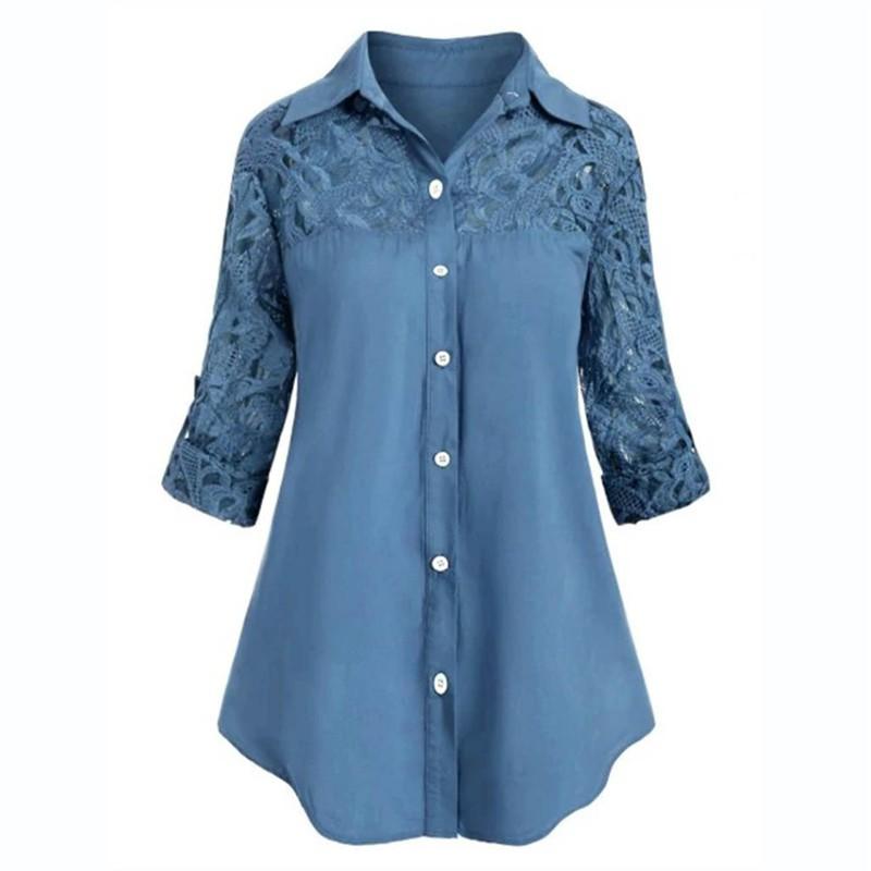 Women Blouse Lace Stitching Collared Long Sleeve Chiffon Loose Blouse Plus Size S-5XL