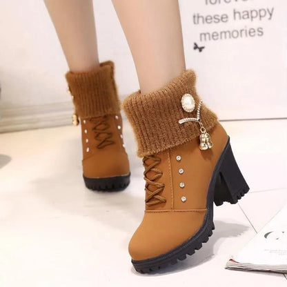 Autumn and Winter Short Mid-high Heel Round Toe Women's Shoes Side Zipper Woolen Cotton Boots