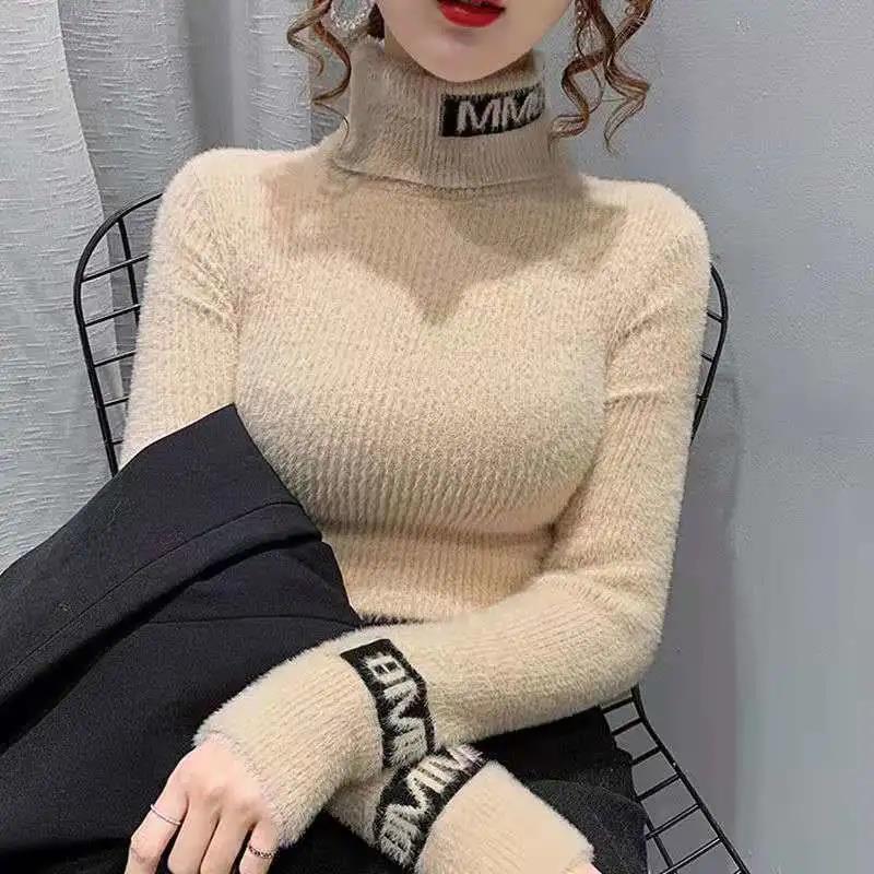 Turtleneck Sweater Women's Waterproof Mink Fleece Slim Fit Thin Bottoming Shirt Letter Print Long Sleeve Knit Sweater