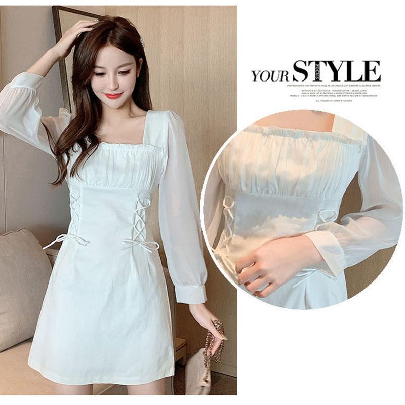 Autumn French Design Sense of Niche Temperament Skirt Is Thin Folds Square Collar White Waisted Celebrity Dress