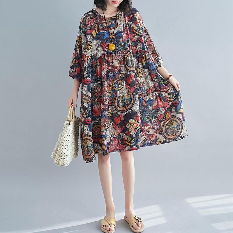 WTEMPO Plus Size Cotton and Linen Printing Women Dress Summer Round Neck Long Casual Knee-length Dress