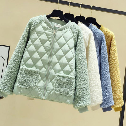 Cotton Jacket Women's Short Korean Version of Loose Lamb-like Wool Stitching Cotton-padded Jacket Small Quilted Jacket Winter Jacket
