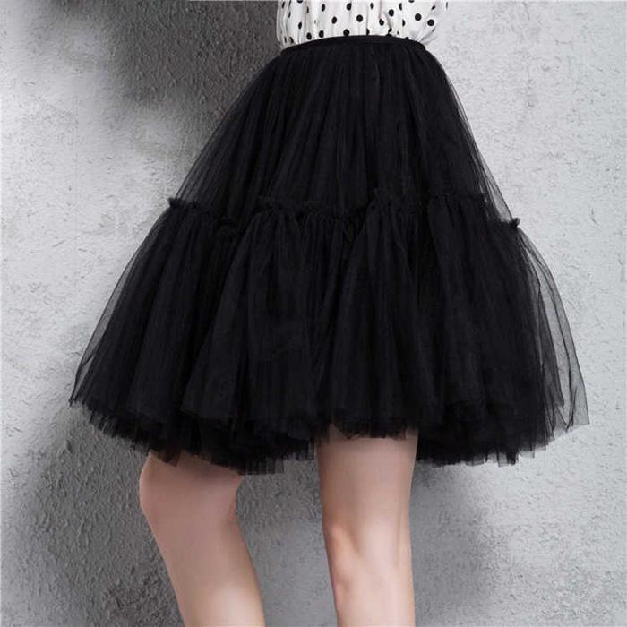 Pofulove Tulle Skirt Pleated Tutu Skirts Women Lolita Bridesmaids Vintage Midi Skirt A-line Skirts
