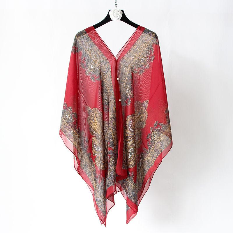 Chiffon Temperament Shawl Women Wear Sunscreen Beach Towel Summer Large Size Shawl Cloak-style Wrap All-match Lightweight Scarf