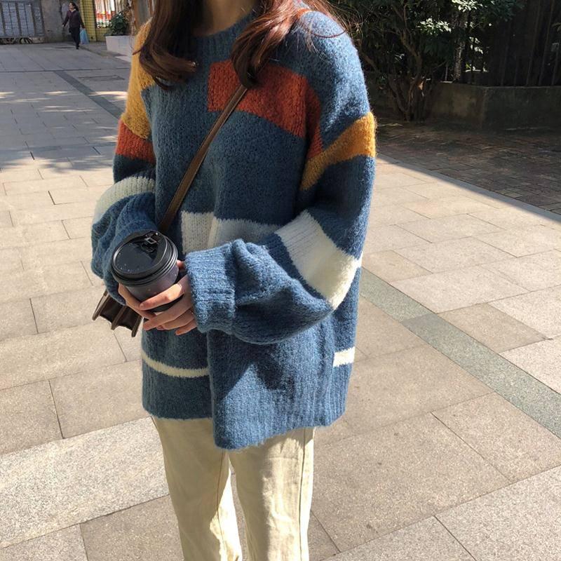 Pofulove Autumn Winter Harajuku Stitching Striped Mid-length Pullover Sweater Loose Sweater Coat