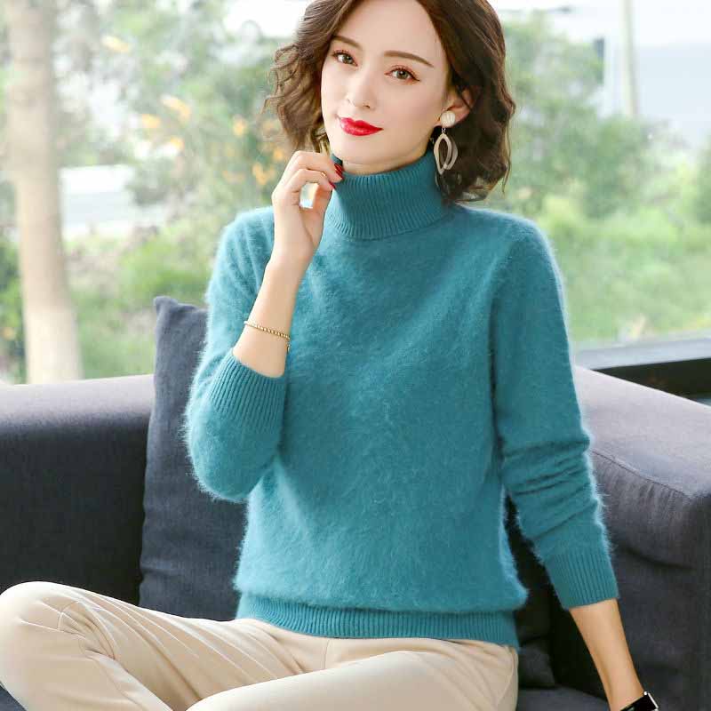 Women's Turtleneck  Mink Sweater Thick Warm Slim Pullover Sweater 100% Real Mink Hair Fuzzy Sweater