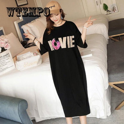 New Summer  Women Casual Cute Short Sleeve Letter Print Dresses Loose Plus Size Long T Shirts