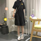 Summer Black Embroidered Solid Color Cute Sweet Girl College Style Age Reduction Looser  Short Sleeve Dress