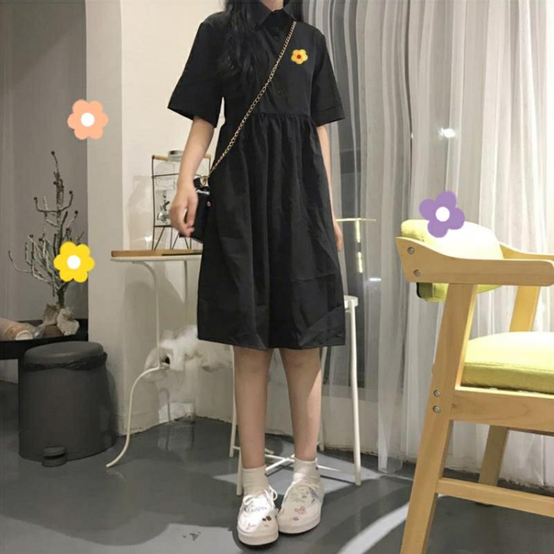 Summer Black Embroidered Solid Color Cute Sweet Girl College Style Age Reduction Looser  Short Sleeve Dress