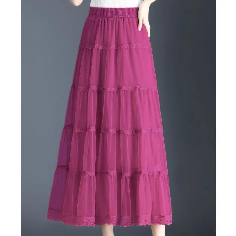 Three-layer Large Swing Mesh Skirt Women's Spring and Summer A-line Pleated Cake Skirt Lace Edge Drape Long Skirt Solid Color Gauze Skirt