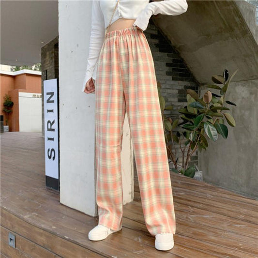 Women Wide Leg Pants 2021 Spring Summer Female High Waist Loose Casual Plaid Chiffon Pant Long Trousers Streetwear Plus Size 4XL