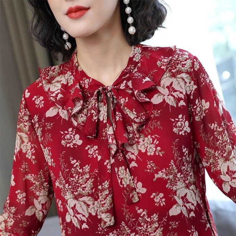 Floral Chiffon Shirt Shirt Ladies Mom Long Sleeve Top Covering Meat Foreign Style Commuter