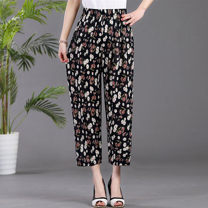 Women's Summer High Waist Wide Leg Floral Casual Pants Large Size Loose Elastic Waist Simple Slim and Comfortable Leggings